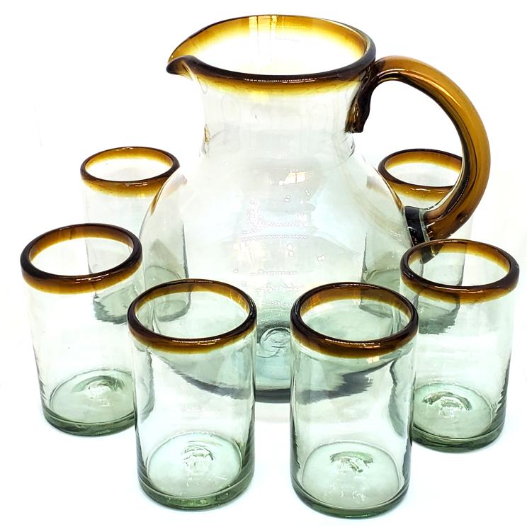 Amber Rim Glassware / Amber Rim 120 oz Pitcher and 6 Drinking Glasses set / Bordered in beautiful amber color, this classic pitcher and glasses set will bring a colorful touch to your table.